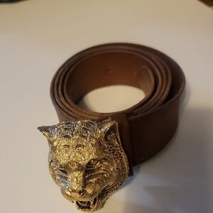 Brown Leather Belt with Gold Tiger Buckle GUCCI